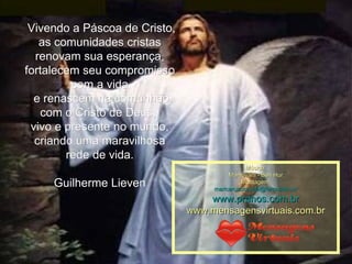   Vivendo a Páscoa de Cristo, as comunidades cristas renovam sua esperança, fortalecem seu compromisso com a vida e renascem na comunhão com o Cristo de Deus,  vivo e presente no mundo, criando uma maravilhosa rede de vida. Guilherme Lieven Música: Mantovani - Ben Hur Montagem: [email_address] www.pranos.com.br www.mensagensvirtuais.com.br 
