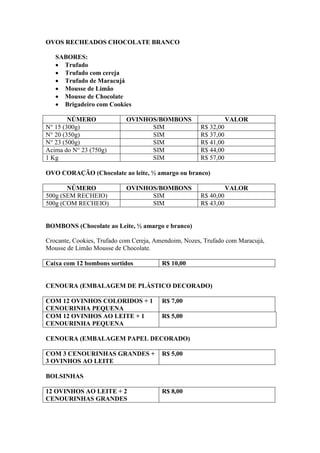 OVOS RECHEADOS CHOCOLATE BRANCO

   SABORES:
   • Trufado
   • Trufado com cereja
   • Trufado de Maracujá
   • Mousse de Limão
   • Mousse de Chocolate
   • Brigadeiro com Cookies

        NÚMERO              OVINHOS/BOMBONS                      VALOR
N° 15 (300g)                      SIM                 R$ 32,00
N° 20 (350g)                      SIM                 R$ 37,00
N° 23 (500g)                      SIM                 R$ 41,00
Acima do N° 23 (750g)             SIM                 R$ 44,00
1 Kg                              SIM                 R$ 57,00

OVO CORAÇÃO (Chocolate ao leite, ½ amargo ou branco)

       NÚMERO               OVINHOS/BOMBONS                      VALOR
500g (SEM RECHEIO)                SIM                 R$ 40,00
500g (COM RECHEIO)                SIM                 R$ 43,00


BOMBONS (Chocolate ao Leite, ½ amargo e branco)

Crocante, Cookies, Trufado com Cereja, Amendoim, Nozes, Trufado com Maracujá,
Mousse de Limão Mousse de Chocolate.

Caixa com 12 bombons sortidos           R$ 10,00


CENOURA (EMBALAGEM DE PLÁSTICO DECORADO)

COM 12 OVINHOS COLORIDOS + 1            R$ 7,00
CENOURINHA PEQUENA
COM 12 OVINHOS AO LEITE + 1             R$ 5,00
CENOURINHA PEQUENA

CENOURA (EMBALAGEM PAPEL DECORADO)

COM 3 CENOURINHAS GRANDES +             R$ 5,00
3 OVINHOS AO LEITE

BOLSINHAS

12 OVINHOS AO LEITE + 2                 R$ 8,00
CENOURINHAS GRANDES
 