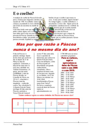 Diogo nº12 Diana nª11

E o coelho?
A tradição do coelho da Páscoa foi levada
para a América por imigrantes alemães em
meados de 1700. O coelhinho visitava as
crianças, escondendo os ovos coloridos que
elas teriam de encontrar na manhã de
Páscoa.
Uma outra lenda conta que uma mulher
pobre coloriu alguns ovos e os escondeu
num ninho para os dar aos seus filhos como
presente de Páscoa. Quando as crianças
descobriram o ninho, um grande coelho
passou correndo. Espalhou-se então a

história de que o coelho é que trouxe os
ovos. A mais pura verdade, alguém duvida?
No Antigo Egipto, o coelho simbolizava o
nascimento e a nova vida. Alguns povos da
Antiguidade consideravam-no o símbolo da
Lua. É possível que ele se tenha tornado
símbolo pascal devido ao facto da Lua
determinar a data da Páscoa.
Mas o certo mesmo é que a origem da
imagem do coelho na Páscoa está na
fertilidade que os coelhos possuem. Geram
grandes ninhadas!

Mas por que razão a Páscoa
nunca é no mesmo dia do ano?
O dia da Páscoa é o
primeiro domingo depois
da lua cheia que ocorre no
dia ou depois de 21 de
Março (a data do
equinócio). Entretanto, a
data da lua cheia não é a
real, mas a definida nas
Tabelas Eclesiásticas. (A
igreja, para dar maior
credibilidade à data da
Páscoa, decidiu, no
Conselho de Nicea, em
325 d. C., relacionar a
Páscoa a uma lua
imaginária - conhecida
como a "lua eclesiástica").
A Quarta-Feira de Cinzas
tem lugar 46 dias antes da
Páscoa e, portanto a
Terça-Feira de Carnaval

ocorre 47 dias antes dela.
Esse é o período da
Quaresma, que começa na
Quarta-Feira de Cinzas.
Com esta definição, a data
da Páscoa pode ser
determinada sem grande
conhecimento
astronómico. Mas a
sequência de datas varia
de ano para ano, situandose, no mínimo, em 22 de
Março e no máximo em
24 de Abril,
transformando a Páscoa
numa festa "móvel".
De facto, a sequência
exacta de datas da Páscoa
repete-se
aproximadamente em

5 700 000 anos no nosso
calendário gregoriano.

Para os c uriios os ,,
Para os cur os os
aquii s e
aqu s e
apre s entam as
apre s entam as
datas da Pás coa
datas da Pás coa
entre o ano 2000
entre o ano 2000
e o ano 2010:
e o ano 2010:
2000
2001
2002
2003
2004
2005
2006
2007
2008
2009
2010

– 23 de Abril
– 15 de Abril
– 31 de Março
– 20 de Abril
– 11 de Abril
– 27 de Março
– 16 de Abril
– 08 de Abril
– 23 de Março
– 12 de Abril
– 04 de Abril

Apresentação

O s símbolos

O Ovo

Home

Vamos conhecer agora os outros símbolos da Páscoa nos nossos sites!

Proposta de
Atividade

Nossos
Trabalhos

4
Páscoa Final

 