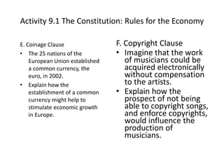 Activity 9.1 The Constitution: Rules for the Economy
E. Coinage Clause
• The 25 nations of the
European Union established
a common currency, the
euro, in 2002.
• Explain how the
establishment of a common
currency might help to
stimulate economic growth
in Europe.
F. Copyright Clause
• Imagine that the work
of musicians could be
acquired electronically
without compensation
to the artists.
• Explain how the
prospect of not being
able to copyright songs,
and enforce copyrights,
would influence the
production of
musicians.
 