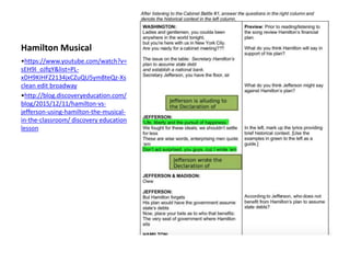 Hamilton Musical
•https://www.youtube.com/watch?v=
sEH9I_oJfqY&list=PL-
xDH9KIHFZ2134jxCZuQU5ym8teQz-Xs
clean edit broadway
•http://blog.discoveryeducation.com/
blog/2015/12/11/hamilton-vs-
jefferson-using-hamilton-the-musical-
in-the-classroom/ discovery education
lesson
 