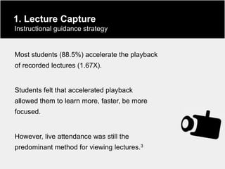 1. Lecture Capture
Instructional guidance strategy


Most students (88.5%) accelerate the playback
of recorded lectures (1.67X).


Students felt that accelerated playback
allowed them to learn more, faster, be more
focused.


However, live attendance was still the
predominant method for viewing lectures.3
 