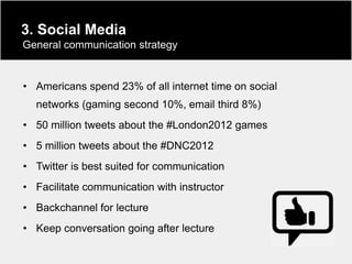 3. Social Media
General communication strategy


• Americans spend 23% of all internet time on social
  networks (gaming second 10%, email third 8%)
• 50 million tweets about the #London2012 games
• 5 million tweets about the #DNC2012
• Twitter is best suited for communication
• Facilitate communication with instructor
• Backchannel for lecture
• Keep conversation going after lecture
 