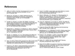References
1. Jaffar, A. A. (2012). YouTube: An emerging tool in anatomy       8. Fried, C. B. (2008). In-class laptop use and its effects on student
   education. Anatomical Sciences Education, n/a–n/a.                  learning. Computers & Education, 50(3), 906–914.
   doi:10.1002/ase.1268                                                doi:10.1016/j.compedu.2006.09.006

2. Bartsch, R., & Cobern, K. (2003). Effectiveness of               9. Hoyt, A., Mcnulty, J. A., Gruener, G., Chandrasekhar, A.,
   PowerPoint presentations in lectures. Computers &                   Espiritu, B., Ensminger, D., Price, R., et al. (2010). An
   Education, 41(1), 77–86. doi:10.1016/S0360-                         audience response system may influence student
   1315(03)00027-7                                                     performance on anatomy examination questions. Anatomical
                                                                       Sciences Education. doi:10.1002/ase.184
3. Cardall, S., Krupat, E., & Ulrich, M. (2008). Live lecture    10. Junco, R., Heiberger, G., & Loken, E. (2010). The effect of
   versus video-recorded lecture: are students voting with their     Twitter on college student engagement and grades. Journal
   feet? Academic medicine : journal of the Association of           of Computer Assisted Learning, 27(2), 119–132.
   American Medical Colleges, 83(12), 1174–1178.                     doi:10.1111/j.1365-2729.2010.00387.x
   doi:10.1097/ACM.0b013e31818c6902
                                                                 11. Knight JK, Wood WB. 2005. Teaching more by lecturing
4. Deslauriers, L., Schelew, E., & Wieman, C. (2011). Improved       less. Cell Biol. Educ. 4:298–310
   learning in a large-enrollment physics class. Science (New 12. Moellenberg, K. K., & Aldridge, M. (2010). Sliding away from
   York, NY), 332(6031), 862–864.                                    PowerPoint: the interactive lecture. Nurse educator, 35(6),
   doi:10.1126/science.1201783                                       268–272. doi:10.1097/NNE.0b013e3181f7f2f7
5. DiLullo, C., & McGee, P. (n.d.). Demystifying the Millennial 13. Prober, C. G., & Heath, C. (2012). Lecture halls without
   student: A reassessment in measures of character and             lectures--a proposal for medical education. The New
   engagement in professional education. Anatomical Sciences        England journal of medicine, 366(18), 1657–1659.
   Education.                                                       doi:10.1056/NEJMp1202451
                                                                    14. Skiba, D. J. (2005). Do your students wiki? Nursing
6. Dyer, O. (2012). Patient who received liver after social media       education perspectives, 26(2), 120–121.
   campaign reports success. BMJ (Clinical research ed.),
   344(may18 2), e3538–e3538. doi:10.1136/bmj.e3538
                                                                    15. Wood, W. B. (2009). Innovations in teaching undergraduate
                                                                        biology and why we need them. Annual review of cell and
7. Evans, D. J. R. (2011). Using embryology screencasts: a              developmental biology, 25, 93–112.
   useful addition to the student learning experience?                  doi:10.1146/annurev.cellbio.24.110707.175306
   Anatomical Sciences Education, 4(2), 57–63.
   doi:10.1002/ase.209
 