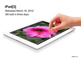 iPad[3]
Released March 16, 2012
3M sold in three days




                          Apple, Inc
 