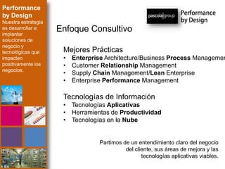 Enfoque Consultivo
Mejores Prácticas
• Enterprise Architecture/Business Process Managemen
• Customer Relationship Management
• Supply Chain Management/Lean Enterprise
• Enterprise Performance Management
Partimos de un entendimiento claro del negocio
del cliente, sus áreas de mejora y las
tecnologías aplicativas viables.
Performance
by Design
Nuestra estrategia
es desarrollar e
implantar
soluciones de
negocio y
tecnológicas que
impacten
positivamente los
negocios.
Tecnologías de Información
• Tecnologías Aplicativas
• Herramientas de Productividad
• Tecnologías en la Nube
 