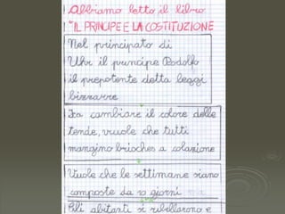 Attraverso la lettura di alcuni articoli della Costituzione Italiana, conoscere i concetti di diritto e dovere, di libertà personale, di pace, di uguaglianza, di diritto all’istruzione, di diritto alla vita e alla salute, di cooperazione. ATTIVITÀ  E CONTENUTI:Italiano- Cittadinanza e costituzione: Lettura di alcuni racconti tratti dalla bibliografia per l’infanzia , per analizzare, riflettere e sviluppare alcune tematiche relative alla Costituzione e all’educazione alla Cittadinanza.		I testi visionati sono: - P. Baldoni, B. Bozzetto, “Il libro dei diritti dei bambini”, Ed. Gruppo 	Abele.