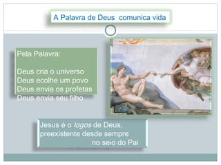 A Palavra de Deus comunica vida



Pela Palavra:

Deus cria o universo
Deus ecolhe um povo
Deus envia os profetas
Deus envia seu filho


      Jesus é o logos de Deus,
      preexistente desde sempre
                     no seio do Pai
 