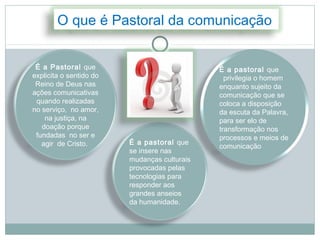 O que é Pastoral da comunicação


 É a Pastoral que                             É a pastoral que
explicita o sentido do                          privilegia o homem
 Reino de Deus nas                            enquanto sujeito da
ações comunicativas                           comunicação que se
 quando realizadas                            coloca a disposição
no serviço, no amor,                          da escuta da Palavra,
    na justiça, na                            para ser elo de
   doação porque                              transformação nos
 fundadas no ser e                            processos e meios de
   agir de Cristo.       É a pastoral que
                                              comunicação
                         se insere nas
                         mudanças culturais
                         provocadas pelas
                         tecnologias para
                         responder aos
                         grandes anseios
                         da humanidade.
 