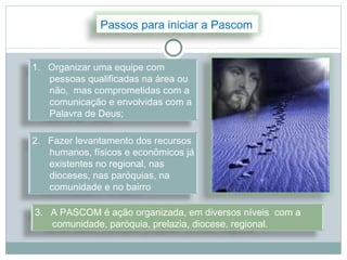 Passos para iniciar a Pascom


1. Organizar uma equipe com
   pessoas qualificadas na área ou
   não, mas comprometidas com a
   comunicação e envolvidas com a
   Palavra de Deus;

2. Fazer levantamento dos recursos
   humanos, físicos e econômicos já
   existentes no regional, nas
   dioceses, nas paróquias, na
   comunidade e no bairro

3. A PASCOM é ação organizada, em diversos níveis com a
   comunidade, paróquia, prelazia, diocese, regional.
 