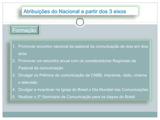 Atribuições do Nacional a partir dos 3 eixos


Formação

1. Promover encontro nacional da pastoral da comunicação de dois em dois
   anos
2. Promover um encontro anual com os coordenadores Regionais da
   Pastoral da comunicação
3. Divulgar os Prêmios de comunicação da CNBB, imprensa, rádio, cinema
   e televisão
4. Divulgar e incentivar na Igreja do Brasil o Dia Mundial das Comunicações
5. Realizar o 2º Seminário de Comunicação para os bispos do Brasil
 