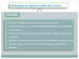 Atribuições do regional a partir dos 3 eixos


Formação

1. Promover encontro regional da pastoral da comunicação
2. Promover encontros com os coordenadores diocesanos da pastoral da
   comunicação
3. Divulgar os Prêmios de comunicação da CNBB, imprensa, rádio, cinema
   e televisão
4. Divulgar e incentivar o Dia Mundial das Comunicações na Igreja do Brasil
5. Realizar cursos ou encontros de comunicação para os bispos do
   Regional
 
