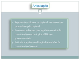 Articulação




1. Representar a diocese no regional nos encontros
   promovidos pelo regional
2. Assessorar a diocese para legalizar os meios de
   comunicação com os órgãos públicos e
   governamentais
3. Articular e apoiar a realização dos mutirões de
   comunicação diocesano
 