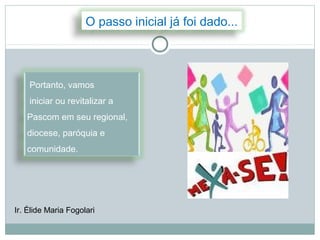 O passo inicial já foi dado...




    Portanto, vamos
    iniciar ou revitalizar a
   Pascom em seu regional,
   diocese, paróquia e
   comunidade.




Ir. Élide Maria Fogolari
 