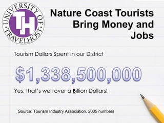 Nature Coast Tourists Bring Money and Jobs Tourism Dollars Spent in our District Yes, that’s well over a  B illion Dollars! Source: Tourism Industry Association, 2005 numbers 