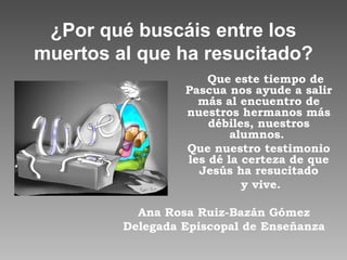 ¿Por qué buscáis entre los
muertos al que ha resucitado?
Que este tiempo de
Pascua nos ayude a salir
más al encuentro de
n...