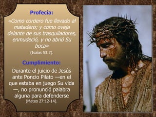 Profecía:
«Como cordero fue llevado al
   matadero; y como oveja
delante de sus trasquiladores,
  enmudeció, y no abrió Su
            boca»
          (Isaías 53:7).

      Cumplimiento:
 Durante el juicio de Jesús
 ante Poncio Pilato —en el
que estaba en juego Su vida
  —, no pronunció palabra
  alguna para defenderse
        (Mateo 27:12-14).
 