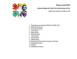 Pascua Juvenil 2012
            Jóvenes testigos de Cristo Vivo constructores de Paz.
                              ¡CRISTO VIVE, CONSTRUYE Y TESTIFICA LA PAZ!




1. Presentación del material PASCUA JUVENIL 2012
2. Miércoles de Ceniza
3. Domingo de Ramos
4. Lunes Santo
5. Martes Santo
6. Miércoles Santo
7. Jueves Santo
8. Viernes Santo
9. Sábado Santo
10. Domingo de Resurrección: El camino de Emaús
11. Pentecostés juvenil
12. Créditos
13. Contenido de Anexos
 