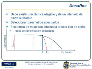 Desafíos

            Debe existir una técnica elegible y de un intervalo de
            alerta suficiente
            Seleccionar parámetros adecuados
            frecuencia de muestreo adecuada a cada tipo de señal
                         redes de comunicación adecuadas
Desempeño


              Muestreo




                                                         P     F2               F1 tiempo



                                 VIII Encuentro en Gestión de Activos Físicos
                                                                                       Centro de Minería
 PAM Lab UC                          Campus San Joaquín, 18 de junio de 2010
                                                                                       Pontificia Universidad Católica
     www.egaf.cl                                                                       de Chile
 