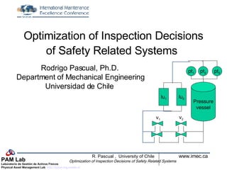 Optimization of Inspection Decisions of Safety Related Systems   Rodrigo Pascual, Ph.D. Department of Mechanical Engineering Universidad de Chile Pressure vessel lu 1 lu 2 pt 1 pt 2 pt 3 v 1 v 2 