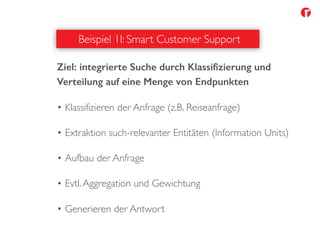 Beispiel 1I: Smart Customer Support
Ziel: integrierte Suche durch Klassifizierung und
Verteilung auf eine Menge von Endpunkten
• Klassifizieren der Anfrage (z.B. Reiseanfrage)
• Extraktion such-relevanter Entitäten (Information Units)
• Aufbau der Anfrage
• Evtl.Aggregation und Gewichtung
• Generieren der Antwort
 