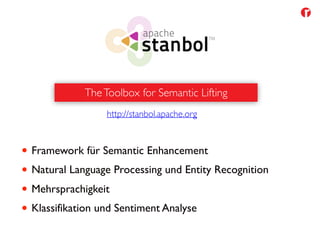 17/36
• Framework für Semantic Enhancement
• Natural Language Processing und Entity Recognition
• Mehrsprachigkeit
• Klassifikation und Sentiment Analyse
http://stanbol.apache.org
TheToolbox for Semantic Lifting
 