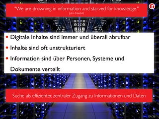 04/36
"We are drowning in information and starved for knowledge."
John Naisbitt
Suche als effizienter, zentraler Zugang zu Informationen und Daten
• Digitale Inhalte sind immer und überall abrufbar
• Inhalte sind oft unstrukturiert
• Information sind über Personen, Systeme und
Dokumente verteilt
 