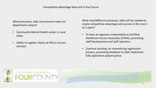13
Competitive Advantage Now and in the Future:
What processes, skills and services make our
department unique?
• Community Mental Health center in rural
areas.
• Ability to register clients at POS or via pre-
services.
What new/different processes, skills will be needed to
create competitive advantage and success in the next 1
to 2 years?
• To have all registrars credentialed as Certified
Healthcare Access Associates (CHAA), promoting
staff development and staff retention.
• Continue working on streamlining registration
process, promoting feedback to staff, implement
fully operations patient portal.
 