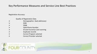 6
Key Performance Measures and Service Line Best Practices
Registration Accuracy:
Quality of Registration Data
 Demographics (bad addresses)
 DOB
 SSN#
 Valid Phone Number
 ID and Insurance card scanning
 Duplicate records
 Correct Program selected
 Correct Provider selected
 