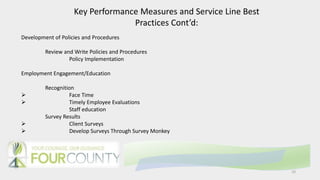 10
Key Performance Measures and Service Line Best
Practices Cont’d:
Development of Policies and Procedures
Review and Write Policies and Procedures
Policy Implementation
Employment Engagement/Education
Recognition
 Face Time
 Timely Employee Evaluations
Staff education
Survey Results
 Client Surveys
 Develop Surveys Through Survey Monkey
 
