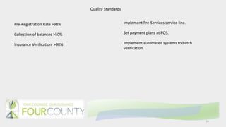 16
Quality Standards
Pre-Registration Rate >98%
Collection of balances >50%
Insurance Verification >98%
Implement Pre-Services service line.
Set payment plans at POS.
Implement automated systems to batch
verification.
 