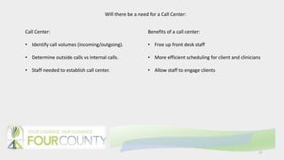 17
Will there be a need for a Call Center:
Call Center:
• Identify call volumes (incoming/outgoing).
• Determine outside calls vs internal calls.
• Staff needed to establish call center.
Benefits of a call center:
• Free up front desk staff
• More efficient scheduling for client and clinicians
• Allow staff to engage clients
 