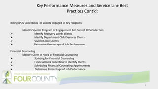 8
Key Performance Measures and Service Line Best
Practices Cont’d:
Billing/POS Collections For Clients Engaged in Key Programs
Identify Specific Program of Engagement For Correct POS Collection
 Identify Recovery Works clients
 Identify Department Child Services Clients
 Vivitrol Clinic Clients
 Determine Percentage of Job Performance
Financial Counseling
Identify Client In Need of Financial Counseling
 Scripting for Financial Counseling
 Financial Data Collection to Identify Clients
 Scheduling Financial Counseling Appointments
 Determine Percentage of Job Performance
 