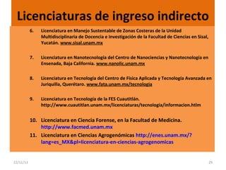 Licenciaturas de ingreso indirecto
6.

Licenciatura en Manejo Sustentable de Zonas Costeras de la Unidad
Multidisciplinaria de Docencia e Investigación de la Facultad de Ciencias en Sisal,
Yucatán. www.sisal.unam.mx

7.

Licenciatura en Nanotecnología del Centro de Nanociencias y Nanotecnología en
Ensenada, Baja California. www.nanolic.unam.mx

8.

Licenciatura en Tecnología del Centro de Física Aplicada y Tecnología Avanzada en
Juriquilla, Querétaro. www.fata.unam.mx/tecnologia

9.

Licenciatura en Tecnología de la FES Cuautitlán.
http://www.cuautitlan.unam.mx/licenciaturas/tecnologia/informacion.htlm

10. Licenciatura en Ciencia Forense, en la Facultad de Medicina.
http://www.facmed.unam.mx
11. Licenciatura en Ciencias Agrogenómicas http://enes.unam.mx/?
lang=es_MX&pl=licenciatura-en-ciencias-agrogenomicas

22/11/13

29

 