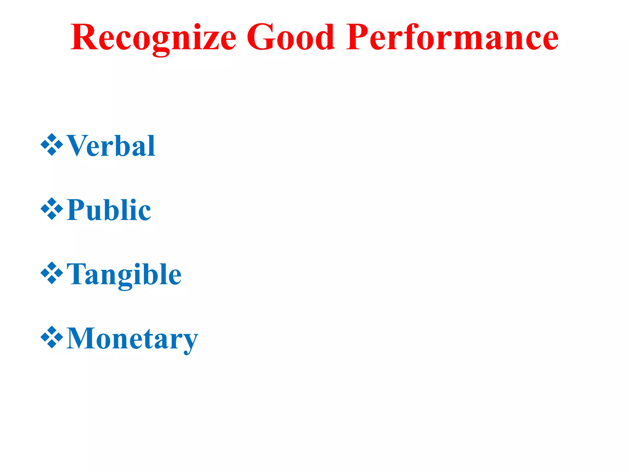 Recognize Good Performance
Verbal
Public
Tangible
Monetary
 