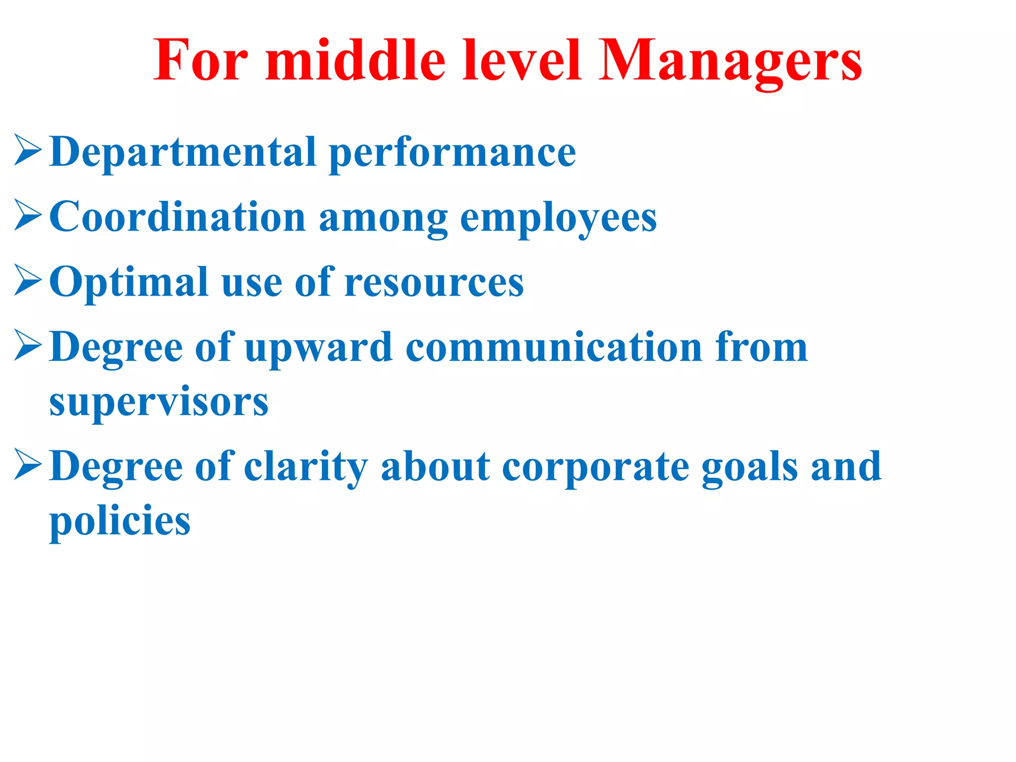 For middle level Managers
Departmental performance
Coordination among employees
Optimal use of resources
Degree of upward communication from
supervisors
Degree of clarity about corporate goals and
policies
 