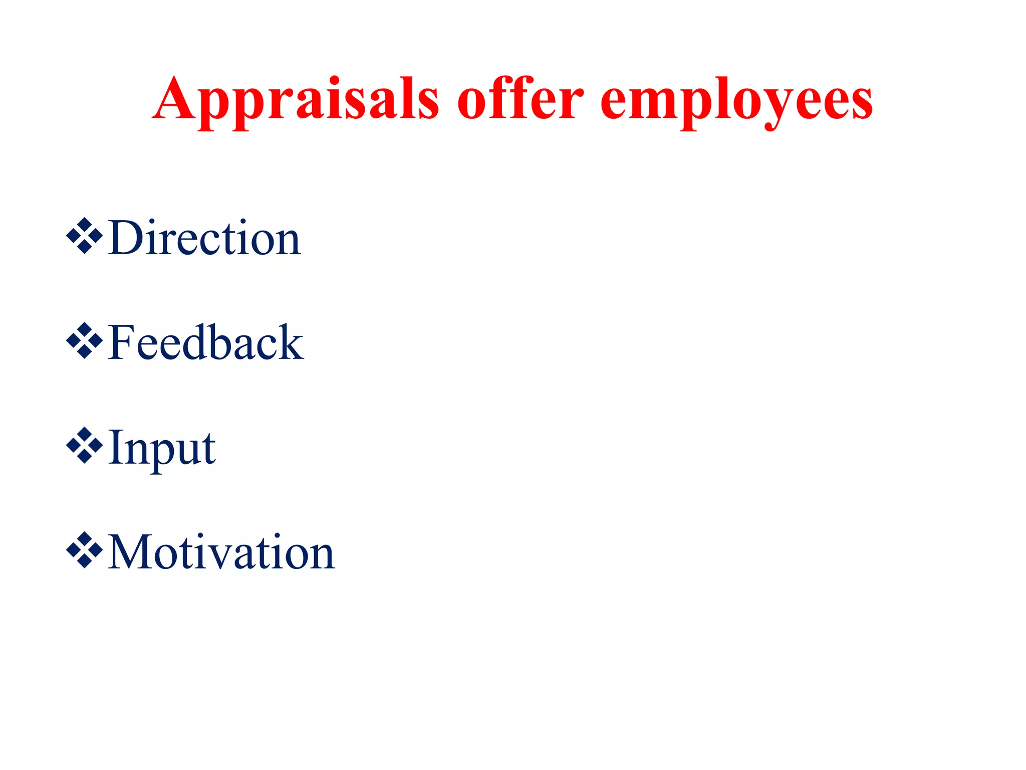Appraisals offer employees
Direction
Feedback
Input
Motivation
 
