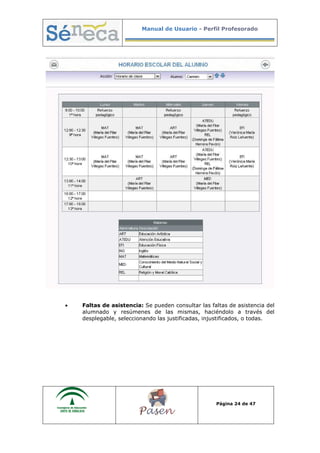 Manual de Usuario - Perfil Profesorado
Página 24 de 47
• Faltas de asistencia: Se pueden consultar las faltas de asistencia del
alumnado y resúmenes de las mismas, haciéndolo a través del
desplegable, seleccionando las justificadas, injustificados, o todas.
 