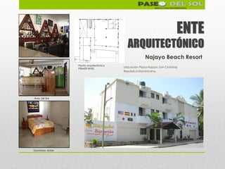 ENTE
                                             ARQUITECTÓNICO
                                                          Najayo Beach Resort
                   Planta arquitectónica
                   PRIMER NIVEL
                                           Ubicación: Playa Najayo, San Cristóbal,
                                           República Dominicana.




Área del Bar




Dormitorio doble
 