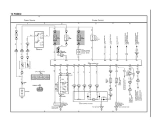 1 2 3 4
13 PASEO
7
ACC
IG1
ST1
IG2
ST2
AM1 4
AM2
7 IC1
1 EB2 7 EB2 7 EB1
2 2
2
1A9 2 1C8
1C2
5 EB1
1 EB1
2 ID4
5 IC24 IC29 IC210 IC211 IC2
1E1 2
M
IF EA IE
3 IC2
8 IC2
1G5
22916205151
1 2 3 7 6
1
13 4 18 24 25 26 11 12 10 2 23
2
4
A A A
3
W–L
W–G B–Y
P–GP–G
R–G
G–W
Y
Y–R
L–R
Y–B
B–W
L–R
Y–B
R–W
R
P–B
P–L
PP
P–L
P–B
R
R–W
R–LV–Y
L–Y
W–G
G–B
G–R
W–B
W–B
BBW
W–GW–G
W–L
W
W–B
W–G
W–B
GND CMS CCS VR1 VR2 VR3 MC MO L N&C TC IDL
W–L
Y–B
L–R
B
ECTODSTP–SPDPKBBBATTSTP+
W
W–L
B–Y
I 9
IGNITION SW
100AALT
50AAM1
10A
STOP
15A
DOME
F 7
7. 5A
ECU–IG
[FUSE BOX
No. 2]
C 9
CRUISE CONTROL
INDICATOR LIGHT
[COMB. METER]
BATTERY
J 3
JUNCTION
CONNECTOR
(for Earth)
CANCEL
SET/
COAST
RESUME/
ACCEL
MAIN
C 1
CRUISE CONTROL ACTUATOR
J 2
JUNCTION
CONNECTOR
(for Earth)
ToEngineControlModule
(EngineandElectronic
ControlledTransmission
ECU)<2–4>
ToEngineControlModule
(EngineECU)<3–4>
ToPark/NeutralPositionSW
(NeutralStartSW)<1–2>
ToParkingBrakeSW
<15–1>
ToVehicleSpeedSensor
<15–3>
FromStopLightSW
<7–1>
FromEngineControlModule
(EngineandElectronic
ControlledTransmissionECU)
<2–2>
FromEngineControlModule
(EngineandElectronic
ControlledTransmissionECU)
<2–4>
C14
CRUISE CONTROL ECU
Power Source Cruise Control
FL MAIN
2. 0L
C13
CRUISECONTROL
CLUTCHSW
2
9
1 2
7
1
4
(A/T)
CRUISECONTROLSW
(M/T)
ToDataLink
Connector1
(CheckConnector)
<2–2><3–2>
(A/T)(A/T)
Instrument panel
center brace RH
Front right fender Behind combination meter
(A/T)
2
2
4
4
R
L–Y
C C
J 4
JUNCTION
CONNECTOR
No. 1
1
15A
GAUGE
1B
PI
B–RL–W
2
1
1 2 3 4 5 6 7 8 9
10 11 12 13 14 15 16 17 18 19 20
1 2 3
4 5 6 7 8
A(USA) C12 BLACK
B(CANADA) C15
1 B
15 A
2 B
5 A
5 B
17 A
(USA)
(Canada)
(USA)
(Canada)
C12A,C15B
B
B
Y–B
(Canada)
(USA)(USA)
Y–B
J1
JUNCTION
CONNECTOR
14
12 IC2
4 IK1
4
3
3 IK1
5
R–YR–YG–BR–YR–B
S 6
STOP
LIGHT
SW
8
 
