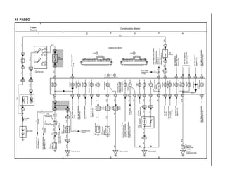 1 2 3 4
15 PASEO
2
1B1
1C5
1C8
2 1C4 1G7
7 IC1
7 EB1
4 A
9 A 13 A 3 A 15 A 1 A 7 A 5 A 2 A 12 A 8 A
8 EB1
11 IE1
11 EB1
EB EC
1
1
6 B
8 ID1
ID45
9 ID1
ID46
14 ID1
ID412
1
12 B 11 B 8 B 3 B10 B 2 B 11 A
7
B
9 B 1 B16 A 14 A 10 A
3 BG1 12 BG1
ID IE
A
11 BG1
4
1 3
7
ACC
IG1
ST1
IG2
ST2
AM1 4
AM2
2
1
(A/T)
(M/T)
15A
GAUGE
B–Y
Y–R
W–GW–GW–G
B
Y–R
Y–R
Y–R
W–BW–B
YY
Y–G
BR
B
BR
Y–B
Y–L
BR
W–BW–B
BR
BR
BR
BR
Y–G
BR
Y–B
Y–L
Y
R–L
I 9
IGNITION SW
50AAM1
100AALT
Y–R
SeeChargingSystem
<1–4>
SeeChargingSystem
<1–4>
SeeSeatBeltWarning
System<9–2>
SeeOverdriveSystem
<8–1>
SeeCruiseControl
System<12–3>
Y–R
BATTERY
BRAKE
CHARGE
SEATBELT
O/DOFF
CRUISECONTROL
OIL
WATERTEMP.
FL MAIN
2. 0L
FromDaytimeRunning
LightRelay<4–3>
FromCruiseControl
ECU<13–3>
P2
PARKING
BRAKESW
O1
OILPRESSURESW
W4
WATERTEMP.
SENDER
FromIgniter
<1–3>
B2
BRAKEFLUID
LEVELSW
F10
FUELSENDER
BRBR
SeeHeadlightSystem
<4–2>(USA)
<4–3>(Canada)
SeeSRSSystem
<12–3>
SeeTaillightandIllumination
System<5–3><6–3>
TACHO
METER
ILLUMINATION
SECURITY
TURNRH
TURNLH
AIRBAG
HIGHBEAM
VEHICLESPEED
SENSOR
FUEL
ABS
SeeTaillightandIllumination
System<5–3><6–3>
SeeTheftDeterrent
System<11–3>
SeeTurnSignaland
HazardWarningLight
System<10–3>
SeeHeadlightand
InteriorLightSystem
<4–2><7–3>
FromEngineControlModule
(EngineandElectronic
ControlledTransmission
ECU)<2–4>
FromEngineControlModule
(EngineECU)<3–4>
Combination MeterPower
Source
(USA)
(Canada)
J 2
JUNCTION
CONNECTOR
(for Earth)
2
1
1611109854321 1213146 7 15 13987654321 101112
B
A
COMBINATION METER
Front left fender Intake manifold Left kick panel Behind
combination meter
COMBINATION METER
C 9 , C10A B
C 9 C102
2
1 EB2
W–L
W–L
B
Y–R
B
B
B
Y–R
(Canada)
J 5
JUNCTION
CONNECTOR
Y–R
From ABS ECU
<14–4>
FUEL
13 B
SeeABS
System<14–3>
4 B
B5
SeeInteriorLight
System<7–3>
DOOR
11 IC1
2
2
R–GR–GW–L
10A
ECU–B
W–L
W–L
4
4
Y–R
7
10
Y
Y
(Canada)
(Canada)
ToDaytimeRunning
LightRelay<4–3>
A6
SeeEngineControlModule
(EngineandElectronic
ControlledTransmission
ECU)<2–2>
SeeEngineControlModule
(EngineECU)<3–2>
MALFUNCTION
INDICATORLAMP
(CHECKENGINE
WARNINGLIGHT)
From Crulse
Control ECU
<13–4>
Y
Y
 