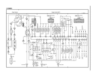 1 2 3 4
3 PASEO
7
ACC
IG1
ST1
IG2
ST2
AM1 4
32 AM2
2
1
2
1
2
1
2
1
2
1
2
1
2
1
1
2
2
1
2
1
1
2
ECEB IF BH
M
2 6
2 A B20B21B8B9B6B7
A5
B19B17B18B4B5B3B23B16B25A10 B12
11 AA9 A1 A4 A16 A8 B10 B24 B13 B26 A7 B15 B14 B1 B11B2 A13 A14
2 2
1B1
1G9
1C8
2 2
12 IC1
12 EB1
11 ID1
3 ID3
13 EB1
5 ID1 10 ID1
13 BG1
ID1
1
ID1
7
4 IC1
1A10
W–R B–R
B–R
W–R
W Y
BR
BR BR
BR
B
B–O B–O B–OB–OB–O
B–R
B–O
W–R
W–G
B–Y
B–R
B–Y
B–RB–R
B–R
B–R
B–R
BR
BR
BR
BR
BR
P
LG–R
LG–R
Y–G
L–R
BR
B–OB–OB–O
W–B
W–B
L–YB–OB–O
B–O
G
G–Y
V
B
BR
BR
BR
R–G
P–L
G–R
L–W
R–GB–O
B–O
B–O
B–O
LG–R
L
G–B
LG–B
WW
W–R
B–RB–R
G–WR–L
W–RW–R
G–Y
V
L–Y
B–O
B
Y–B
BR
BRBR
W–B
B–R
B
B–R
B–R
Y
LG–B
P–B
LG–Y
LG
B
G
R
W
L–Y
YY
2
151881
2 3
9 6
3
1
1
4
6
4 3 2
1
5 4 1
3 2
A
G
L–Y
B–O
+B +B1 FC VF T OX E1 E01 E02 TOV EGR DISC FPU NSW STA SPD ACT AC1
TCIG–+BFP
BATT W #10 #20 E2 THG THW THA PIM VCC VTA IDL
ELS
IGF IGT G– G1 NE NE–
E1
TE1VF1
I 9
IGNITION SW
15A
GAUGE
C9
MALFUNCTIONINDICATORLAMP
(CHECKENGINEWARNINGLIGHT)
[COMB.METER]
EFIMAINRELAY
I4INJECTORNO.1
I6INJECTORNO.3
I5INJECTORNO.2
I7INJECTORNO.4
E1
EGRGASTEMP.SENSOR
E3ENGINECOOLANTTEMP.SENSOR
(EFIWATERTEMP.SENSOR)
I8INTAKEAIRTEMP.SENSOR
(INAIRTEMP.SENSOR)
C6
CIRCUITOPENING
RELAY
D 1
DATA LINK CONNECTOR 1
(CHECK CONNECTOR)
J 3
JUNCTION
CONNECTOR
(for Earth)
V3
VSV(forThrottleOpener)
V1
VSV(forEGR)
A13
AIRCONTROLVALVE
(forIdleControl)
V2
VSV(forFuelPressureUp)
ToVehicleSpeedSensor
<15–4>
ToA/CAmplifier
<16–4>
FromA/CAmplifier
<16–4>
F10
FUEL PUMP
FromIgniter
<1–3>
FromClutchStartSW
<1–2>
From”10AHEAD(LH)”
Fuse<4–1>
FromIgniter
<1–3>
FromDistributor
<1–3>
T 2
THROTTLE POSITION
SENSOR
M 1
MANIFOLD
ABSOLUTE
PRESSRE
SENSOR
(VACUUM
SENSOR)
A DARK GRAY
ENGINE CONTROL MODULE
(ENGINE ECU)
B DARK GRAY
ENGINE CONTROL MODULE
(ENGINE ECU)
(Ex.California)
(*1)
(*1)
O2
OXYGEN
SENSOR
ENGINE CONTROL MODULE(ENGINE ECU)
Power Source Engine Control (M/T)
*1 : (California)
1 5
2 3
(*1)
(*1)
(*1)
(*1)
B–R
B–R
B–R
Front left fender Instrument
panel center
brace RH
Under the rear
left pillar
Intake manifold
4
OXOPT
13
V
FromCruise
Control
ECU<13–4>
FromA/C
Amplifier
<16–4>
BR
BR
FromCruiseControl
ECU<13–4>
L–R
2 7 IC1
7 EB1
W–R
W–GW–G
W–R
15AAM2
B
BATTERY
FL MAIN
2. 0L
8
2 2 2
2
2
2
5 4 2
4
2
15AEFI
50AAM1100AALT
7
W–L
BR
B
W–L
1 EB2
W–L
A, E 6BE 5
E 6 E 5
LG
14 EB1
G–W
G–W
G–W
W
2
1 2 3 4 5 6 7 8
9 10 1112 13141516
1 2 3 4 5 6 7 8 9 10 11 12 13
14 15 161718 1920 212223 24 25 26
2 ID1
R–LR
(Canada)
(USA)
FromTaillightRelay
<6–2>
G–W
W–R
W
Y
6 ID1
(PuertoRico)
R
 