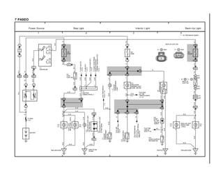 1 2 3 4
7 PASEO
2
50AAM1
100AALT
2 2
1 EB2 7 EB2 7 EB1
1
2
1A8 2
1C31F8
1F7
1C11 1F10 1C10
1E1 2
1G5
1C1
1C14 1C13
BJ BH
1 1
1
2
2
1
2
1
1B1
1G12
9 EB1
4 BG1
5
1
1D2
1F9
2 B
6 A
5 A
1 B
5
4
5
1
BJBK
1
8 ID3
ID53
1 BJ2
BJ12
2
3
DOOR
OFF
ON
2
1
3
1D
7 IC1
5 5
6 6
FromTheftDeterrent
ECU<11–4>
FromTheft
Deterrent
ECU<11–4>
FromLight
ReminderRelay
<9–4>
FromTheftDeterrent
ECU<11–3>
FromSeatBeltWarning
Relay<9–2>
10A
STOP
15A
DOME
15A
GAUGE
BATTERY
BACK–UP LIGHT
[REAR COMB.
LIGHT]
STOPLIGHT
[REARCOMB.LIGHT]
H6
HIGHMOUNTSTOPLIGHT
(w/oRearSpoiler)
H5
HIGHMOUNTSTOPLIGHT
(w/RearSpoiler)
(A/T)
(M/T)
(A/T)
(M/T)
(A/T)
(M/T)
G–W
G–W
R–W
W–BW–B
G–W
R–L
W–B
R–B
W–L
W
W–G
W
W–G
W–L
BB
W–G
B–Y
W
W–L
B–YR–LR–LR–BR–BR–BR–BW–B
W–BW–B
B–WR–WR–L
R
R
R
R–WR–W
R–W
L–Y
L–YR
W–G
G–W
G–WG–W
G–W
G–WW–B
W–B
W–B
B
G–W
FL MAIN
2. 0L
L6
LUGGAGE
COMPARTMENT
LIGHTSW
D9
DOORCOURTESY
SWFRONTLH
D10
DOOR COURTESY
SW FRONT RH
D 8
DIODE
(for Theft
Deterrent
System)
1
BACK–UP
LIGHT SW
L5
LUGGAGE
COMPARTMENT
LIGHT
C10
OPEN DOOR
WARNING LIGHT
[COMB. METER]
I 9
IGNITION SW
I10
INTERIORLIGHT
Power Source Stop Light Interior Light Back–Up Light
(*1)
1 2
2
9
7
ACC
IG1
ST1
IG2
ST2
AM1 4
AM2
R 6
RH
R 5
LH
R 6
RH
R 5
LH
1 2 3 4
5 6 7 8 9
B AGRAY GRAY
BACK–UP LIGHT SW
From Diode
(for Theft
Deterrent System)
<11–3>
R–W
Back panel center Under the rear
left pillar
Back panel centerRoof front
2
2
4
4 7
G–WS 6
STOP
LIGHT SW
1 IK1
R–Y
B 1 P 1
B 1 B , P 1 A
IK1
2
C
C C C
J 5
JUNCTION
CONNECTOR No. 2
ToABSECU
<14–4>
ToEngineControlModule
(EngineandElectronic
ControlledTransmissionECU)
<2–2>
ToCruiseControlECU
<13–4>
ToShiftLockECU
<10–4>
G–W
G–W
G–W
G–W
R–L
2 1
(*1)
*1 : (w/ Theft Deterrent System)
 