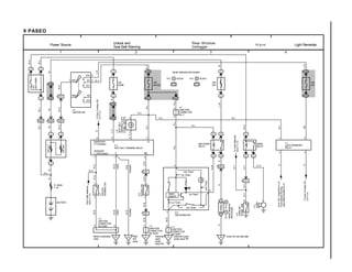 1 2 3 4
9 PASEO
1B12
1B2
6
1G5
6 62 2
1E1
2
1C3
1C8 1C9
6
6 6
2
7 IC1
7 BG1
1 EB2 2 EB2 7 EB1
6 IE1
2
1
2
1
IFIE IF BI
AA A
47 1
3
3
A
4
8 9 5
1A5
1A6
2
2 2
6 IC1
3 4
A
1 2
10 1
7 IE1
FromTheftDeterrent
ECU<11–3>
FromTAILFuse(USA)<5–3>
FromDaytimeRunning
LightRelay(Canada)<6–3>
ToDoorCourtesySW
LH<7–3>
ToDoorCourtesySW
LH<7–3>
ToTheftDeterrent
ECU<11–4>
R–LR–L
R–L
R–G
W–L
G–R
R–L
R–L
L–W
GR
R–LG
R
G–Y
G–Y
G–YG–Y
B
G–W
B
W–B
B
R–L
R–L
R–LW–B
R–GR–G
W–B
W–B
W–BW–BG–RG–R
R
L–YR
W–G
W–L
W
W–L
W
W–GW–G
W
W–L
BB
L–R
W
L–R
B–Y
B–Y
15A
DOME
15A
GAUGE
BATTERY
BKL
KSW(USA)
L–SW(Canada) E
FL MAIN
2. 0L
I 9
IGNITION SW
DSWD(USA)
CTY(Canada)
B IG
B6
BUCKLESW
U1
UNLOCK
WARNINGSW
C9
SEATBELT
WARNINGLIGHT
[COMB.METER]
J 3
JUNCTION
CONNECTOR
(for Earth)
D 5
DEFOGGER SW
J 3
JUNCTION
CONNECTOR
(for Earth)
J 2
UNCTION
CONNECTOR
(for Earth)
C11
HORNSW
[COMB.SW]
H3
HORN
REARWINDOW
DEFOGGER
DEFOGGER
RELAY
HORN
RELAY
L 1
LIGHT REMINDER
RELAY
30A
DEF
15A
CIG
J 5
JUNCTION
CONNECTOR
No. 2
S 3
SEAT BELT WARNING RELAY
Power Source Unlock and
Seat Belt Warning
Rear Window
Defogger
H o rn Light Reminder
7
ACC
IG1
ST1
IG2
ST2
AM1
5
4
AM2
100AALT
50AAM1
1 2
2
3 4 1 3
1 2 2
7
9 2
1
W–G
Instrument
panel
center
brace RH
Behind combination
meter
Instrument panel
center brace RH
Under the rear right pillar
2
2
15A
HAZ–HORN
2
W–G
TIMER
CIRCUIT
(w/o Timer)
(w/ Timer)
(w/ Timer)
(w/ Timer)
(w/o Timer)
(w/oTimer)
2
6
1 A
1 B
6 4
4
REAR WINDOW DEFOGGER
1 1
A BBLACK BLACK
R9,R10AB
R 9 R 8
R–L
A
IG
(USA)(USA)
W–BW–B
(Canada)(Canada)
Right
kick
panel
6
P
 