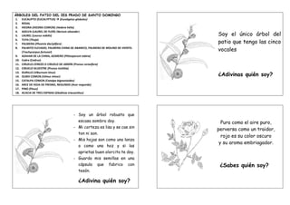 ÁRBOLES DEL PATIO DEL IES PRADO DE SANTO DOMINGO
1. EUCALIPTO (EUCALYPTUS)  (Eucalyptus globulus)
2. ROSAL
3. HIEDRA (HIEDRA COMÚN) (Hedera hélix)
4. ADELFA (LAUREL DE FLOR) (Nerium oleander)
5. LAUREL (Laurus nobilis)
6. TUYA (Thuja)
7. PALMERA (Phoenix dactylifera)
8. PALMITO ELEVADO, PALMERA CHINA DE ABANICO, PALMERA DE MOLINO DE VIENTO.
(Trachycarpus fortunei)
9. AZAHAR DE LA CHINA, AZARERO (Pittosporum tobira)
10. Cedro (Cedrus)
11. CIRUELO-CEREZO O CIRUELO DE JARDÍN (Prunus cerasífera)
12. CIRUELO SILVESTRE (Prunus insititia)
13. DURILLO (Viburnum tinus)
14. OLMO COMÚN (Ulmus minor)
15. CATALPA COMÚN (Catalpa bignonioides)
16. ARCE DE HOJA DE FRESNO, NEGUNDO (Acer negundo)
17. PINO (Pinus)
18. ACACIA DE TRES ESPINAS (Gleditsia triacanthos)
Soy el único árbol del
patio que tengo las cinco
vocales
¿Adivinas quién soy?
- Soy un árbol robusto que
escasa sombra doy.
- Mi corteza es lisa y se cae sin
ton ni son.
- Mis hojas son como una lanza
o como una hoz y si las
aprietas buen olorcito te doy.
- Guardo mis semillas en una
cápsula que fabrico con
tesón.
¿Adivina quién soy?
Pura como el aire puro,
perversa como un traidor,
rojo es su color oscuro
y su aroma embriagador.
¿Sabes quién soy?
 