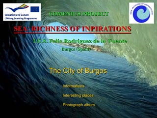 COMENIUS PROJECT

SEA: RICHNESS OF INPIRATIONS
    I.E.S. Felix Rodríguez de la Fuente
              Burgos (Spain)




         The City of Burgos

               Informations

               Interesting places

               Photograph album
 