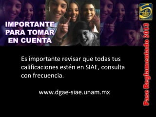 Es importante revisar que todas tus
calificaciones estén en SIAE, consulta
con frecuencia.

      www.dgae-siae.unam.mx
 