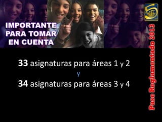 33 asignaturas para áreas 1 y 2
                y
34 asignaturas para áreas 3 y 4
 