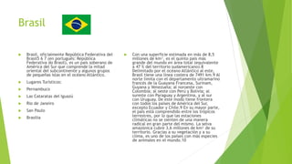 Brasil
 Brasil, oficialmente República Federativa del
Brasil5 6 7 (en portugués: República
Federativa do Brasil), es un país soberano de
América del Sur que comprende la mitad
oriental del subcontinente y algunos grupos
de pequeñas islas en el océano Atlántico.
 Lugares Turísticos:
 Pernambuco
 Las Cataratas del Iguazú
 Rio de Janeiro
 San Paulo
 Brasilia
 Con una superficie estimada en más de 8,5
millones de km², es el quinto país más
grande del mundo en área total (equivalente
a 47 % del territorio sudamericano).8
Delimitado por el océano Atlántico al este,
Brasil tiene una línea costera de 7491 km.9 Al
norte limita con el departamento ultramarino
francés de la Guayana Francesa, Surinam,
Guyana y Venezuela; al noroeste con
Colombia; al oeste con Perú y Bolivia; al
sureste con Paraguay y Argentina, y al sur
con Uruguay. De este modo tiene frontera
con todos los países de América del Sur,
excepto Ecuador y Chile.9 En su mayor parte,
el país está comprendido entre los trópicos
terrestres, por lo que las estaciones
climáticas no se sienten de una manera
radical en gran parte del mismo. La selva
amazónica cubre 3,6 millones de km² de su
territorio. Gracias a su vegetación y a su
clima, es uno de los países con más especies
de animales en el mundo.10
 