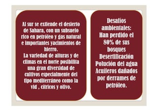 Desafíos
 Al sur se extiende el desierto
  de Sahara, con un subsuelo         ambientales:
rico en petróleo y gas natural      Han perdido el
e importantes yacimientos de          80% de sus
              hierro.                  bosques
  La variedad de alturas y de       Desertificación
 climas en el norte posibilita    Polución del agua
    una gran diversidad de
                                  Acuíferos dañados
   cultivos especialmente del
  tipo mediterráneo como la        por derrames de
      vid , cítricos y olivo.          petróleo.
 